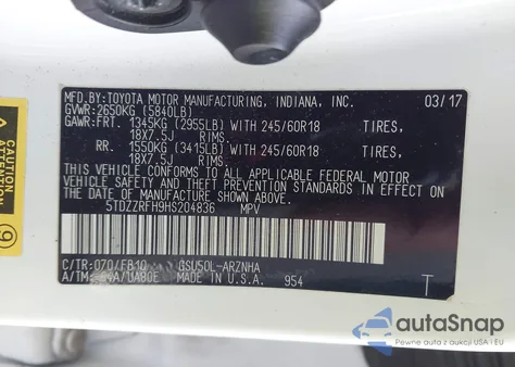 2017 Toyota Highlander Le from USA, damaged, VIN 5TDZZRFH9HS204836